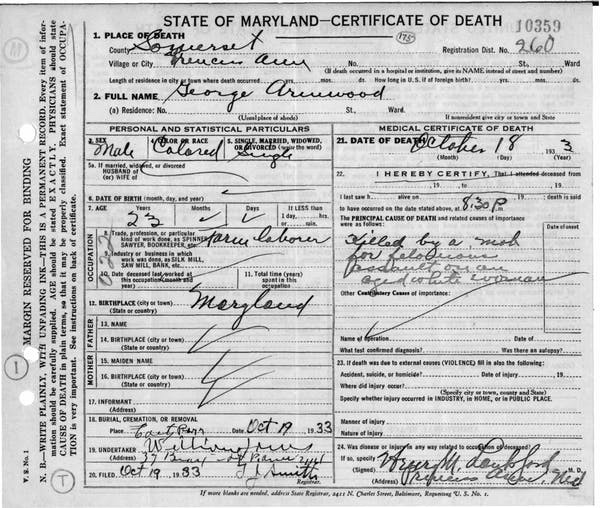Death certificate lynching