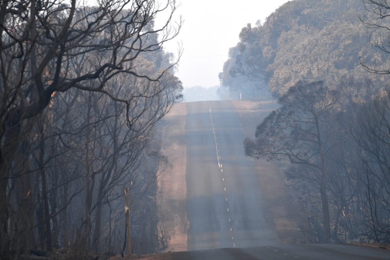 Australian bushfires smoke over road