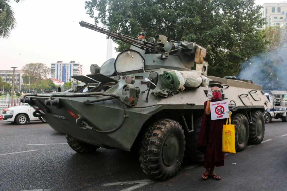 Myanmar protests Buddhist monk and armoured vehicle