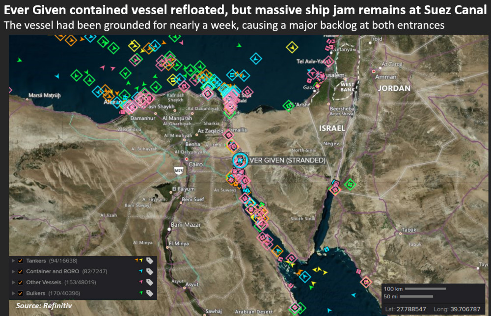 Graphic ship backlog in Suez