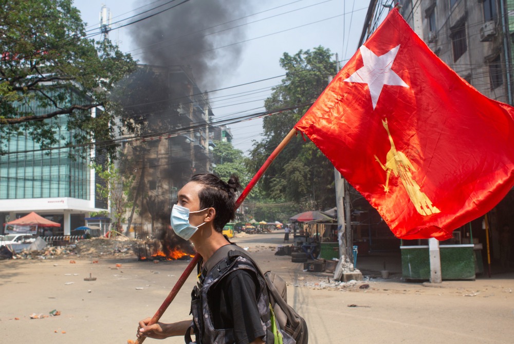 Myanmar Yangon protests NLD flag