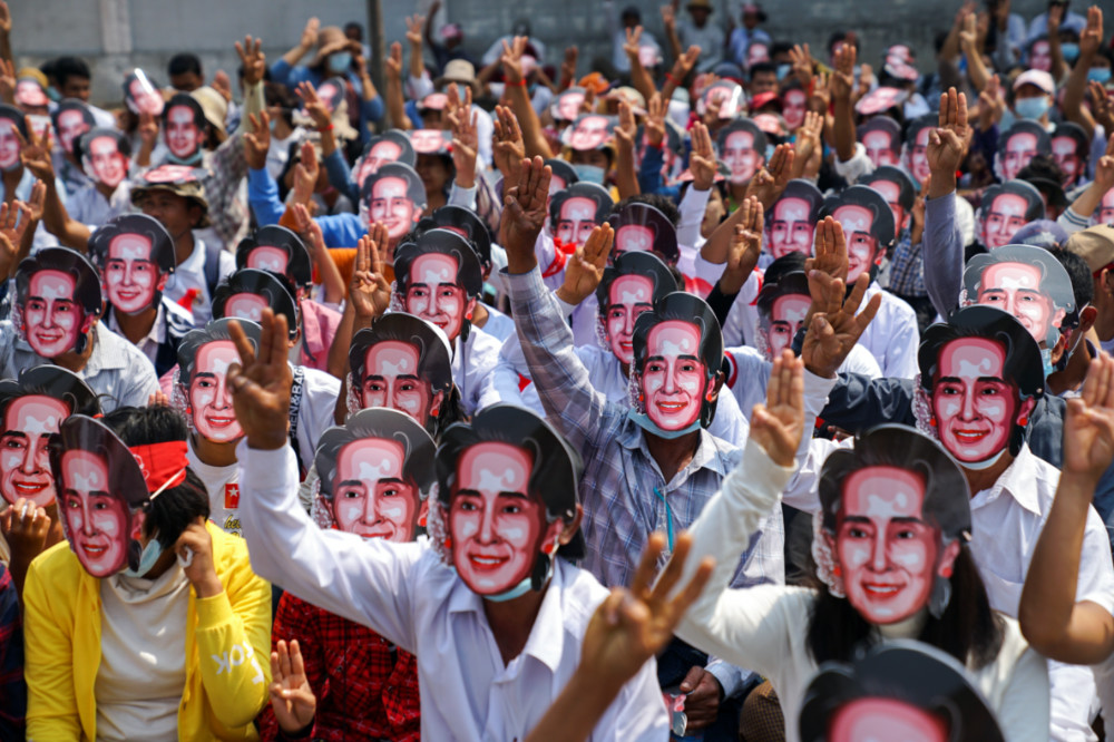 Myanmar protestors Aung San Suu Kyi masks 28 Feb 2021