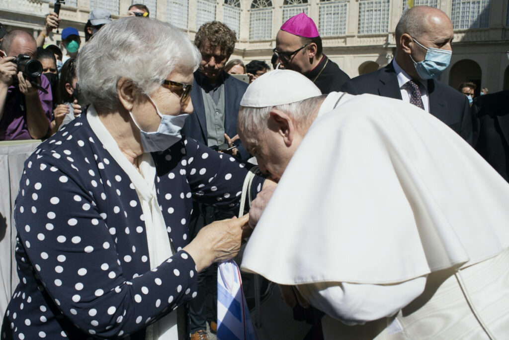 Vatican Pope kissing tattoo on the arm of Holocaust survivor Lidia Maksymowicz