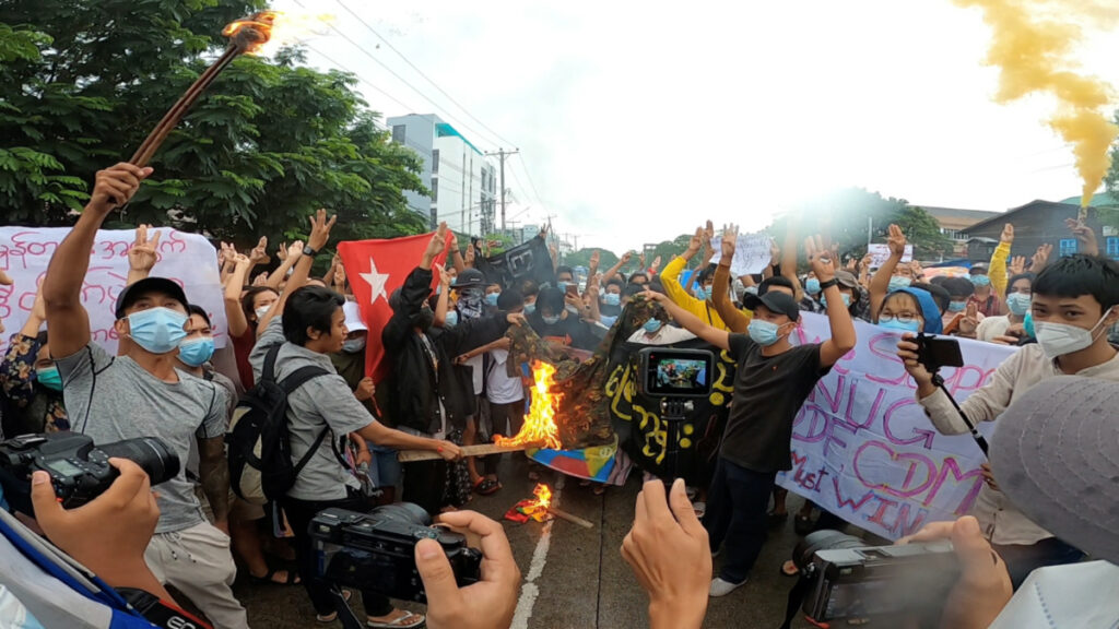Myanmar Yangon flag burning protest