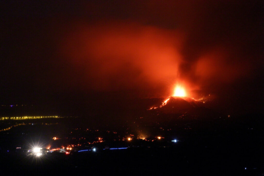 Spain Canary Islands La Palma volcano erupting