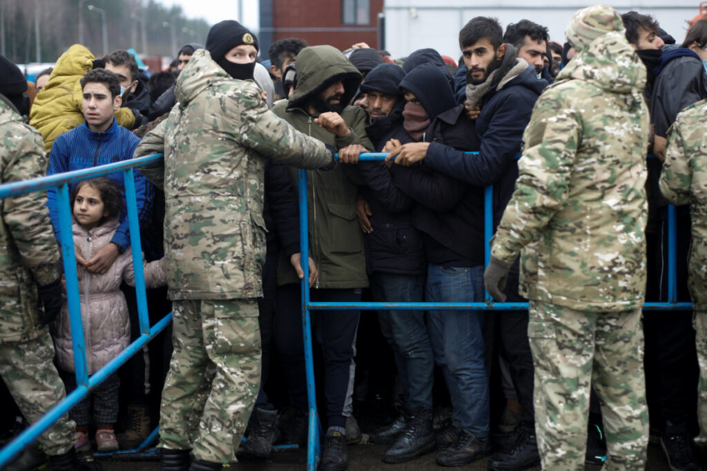 Belarus Grodno region migrants wait for food
