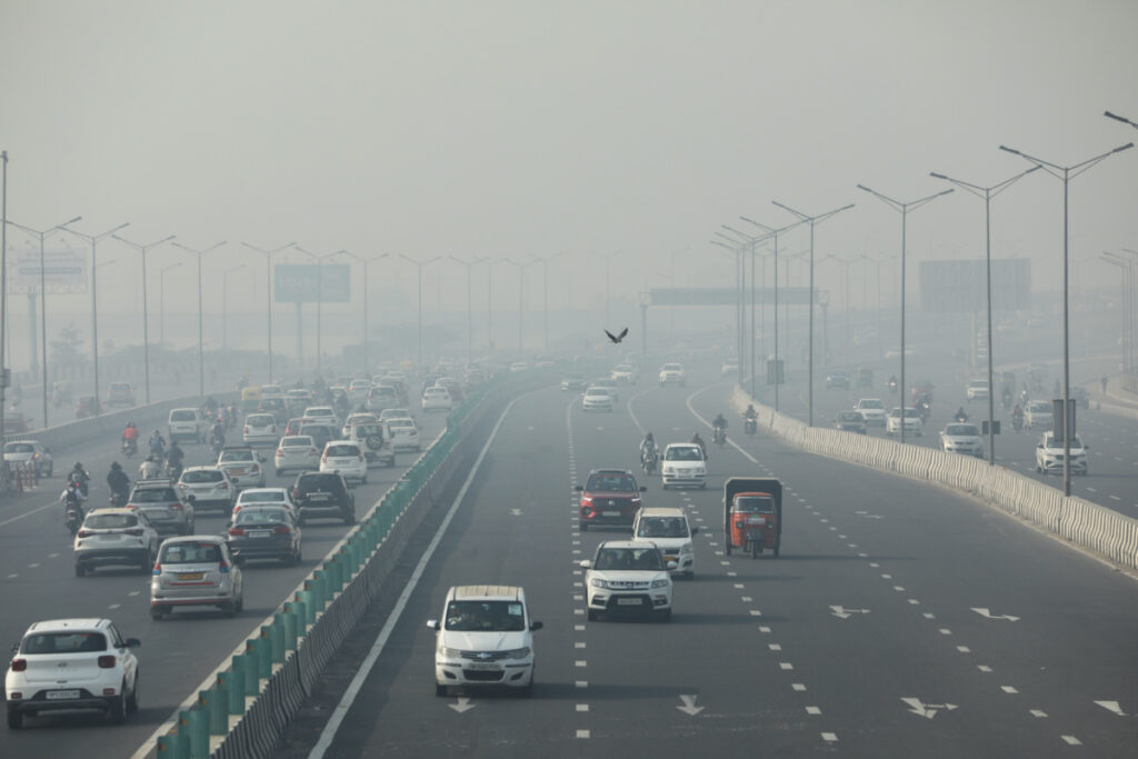 India New Delhi smog on a highway