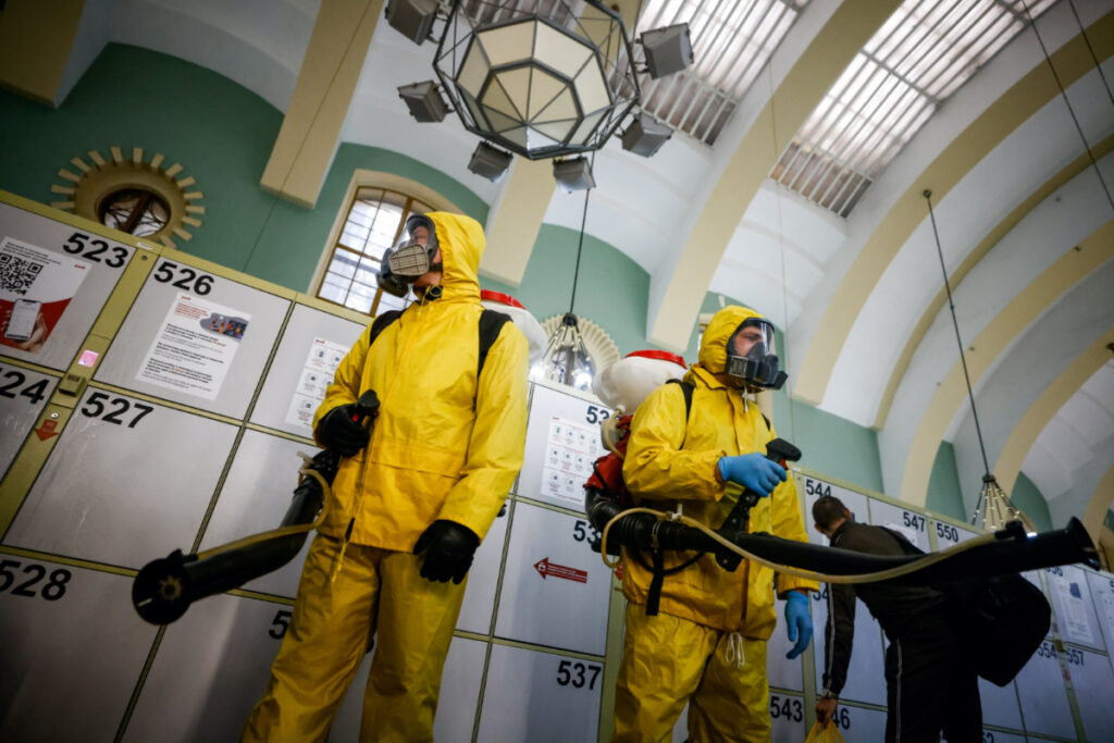 Russia Moscow Kazansky railway station disinfecting