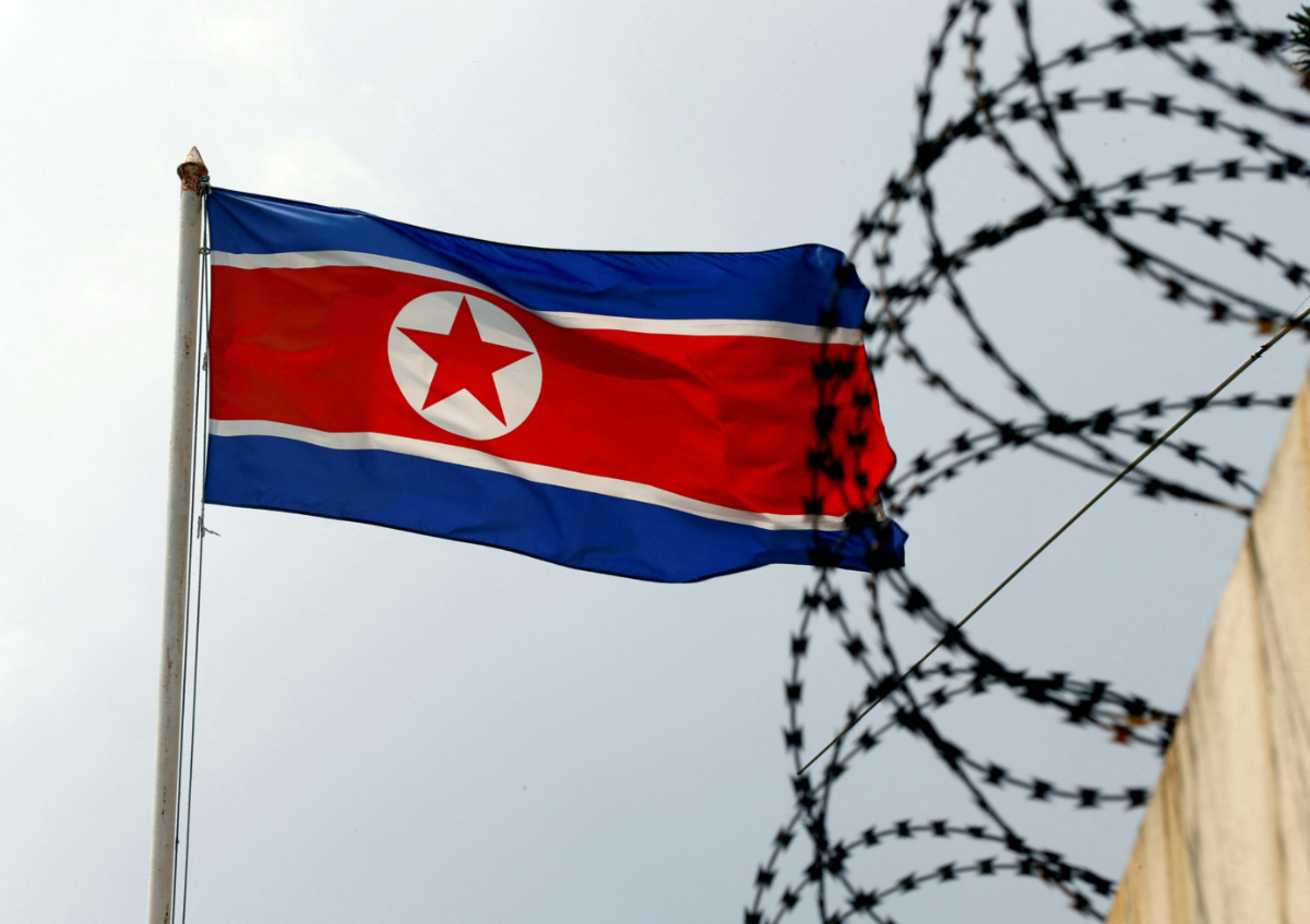 North Korean flag and barbed wire