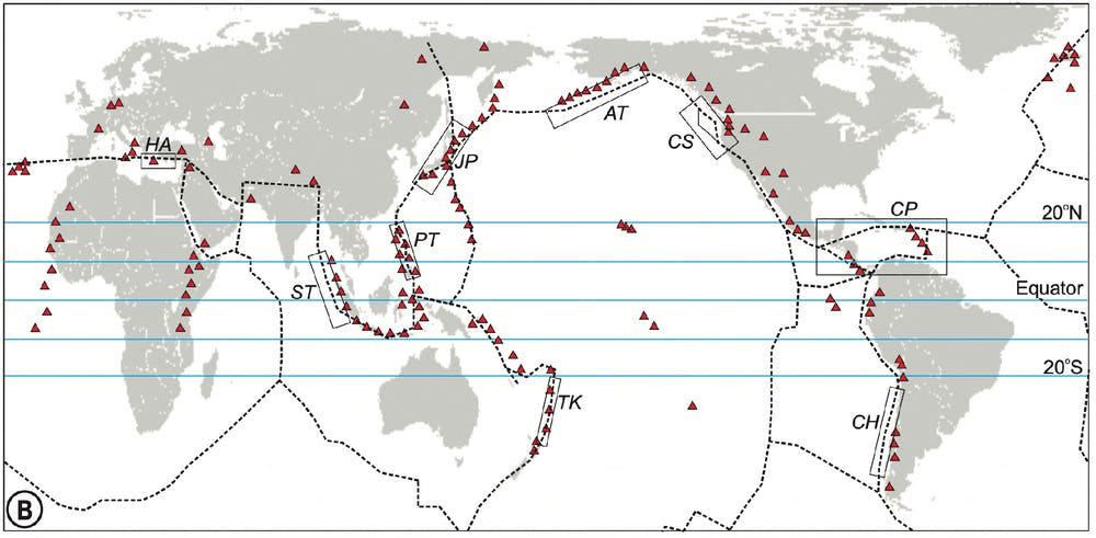 Global tectonic plate boundaries