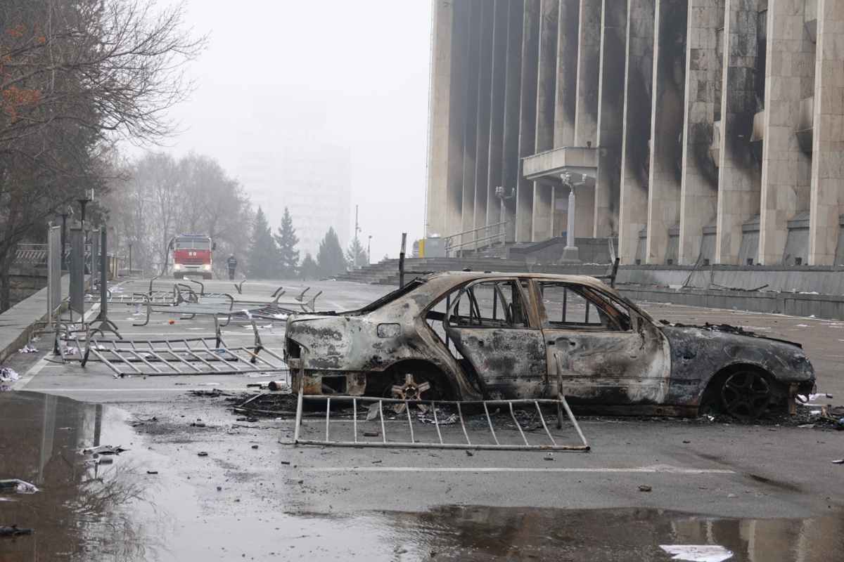 Kazakhstan Almaty burnt car and admin building