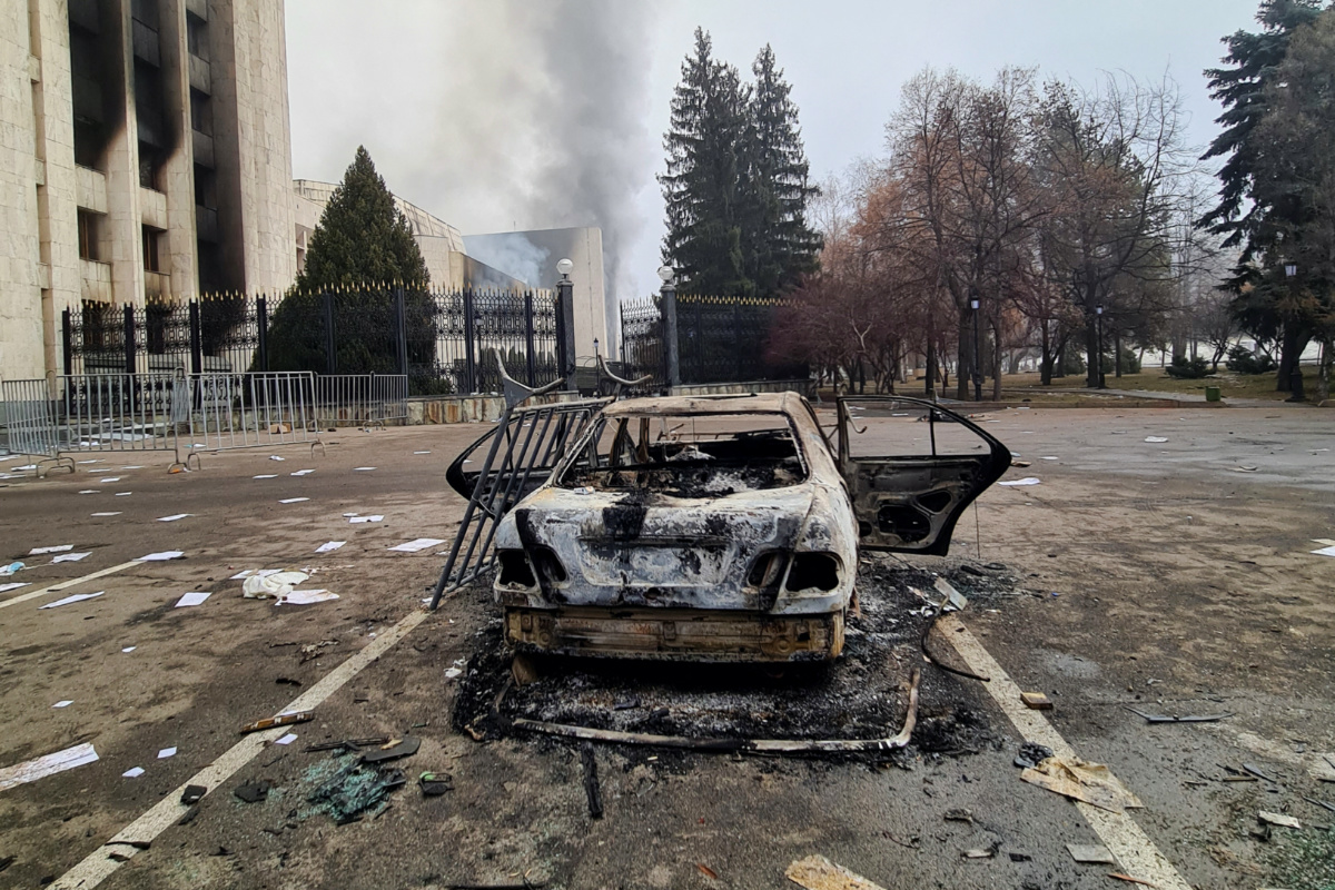 Kazakhstan Almaty burnt out vehicle