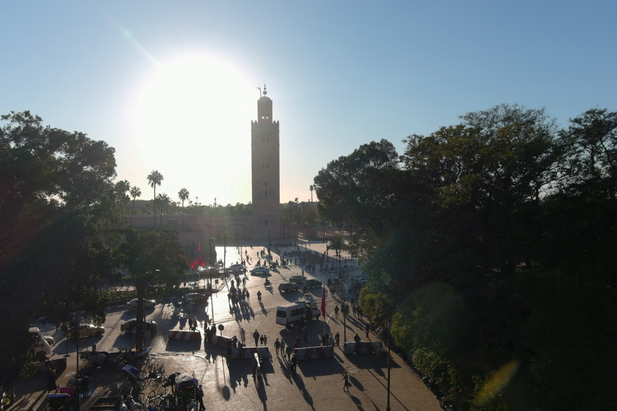 Morocco Marrakech Jemaa el Fna square and Koutoubia Mosque 
