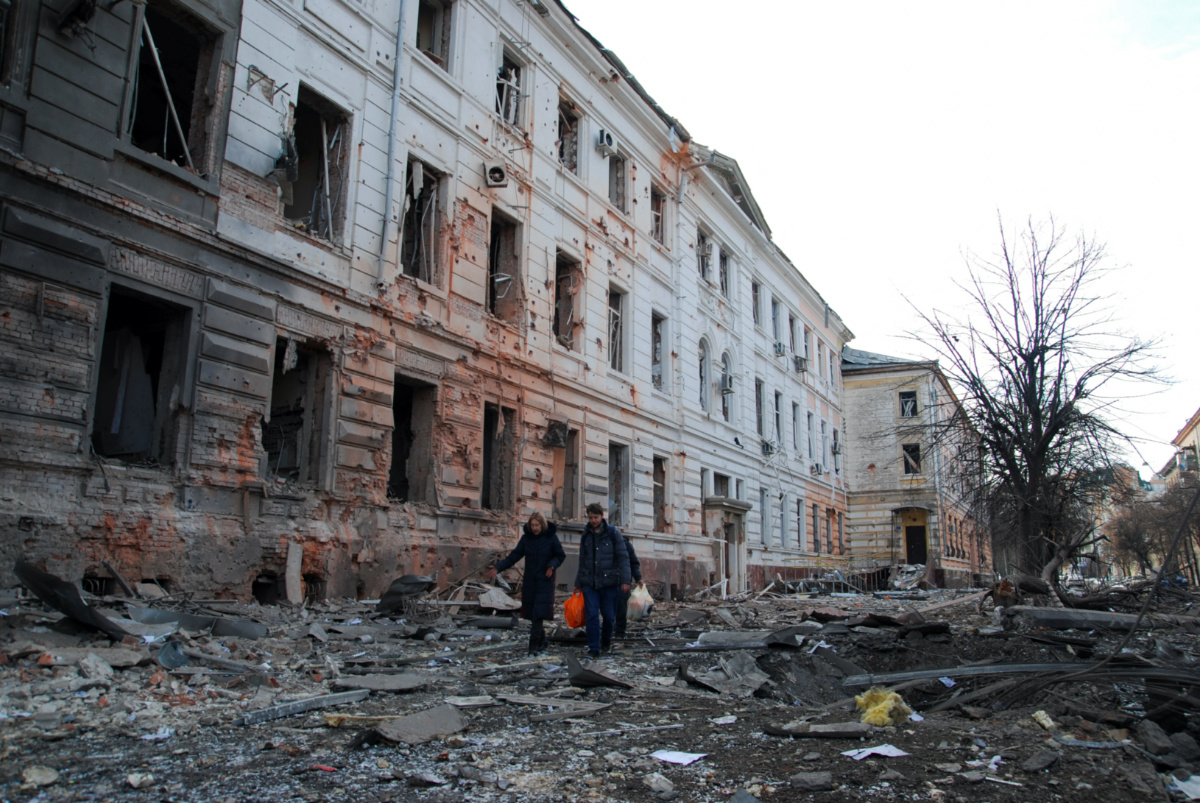 Ukraine Kharkiv shelled buildings