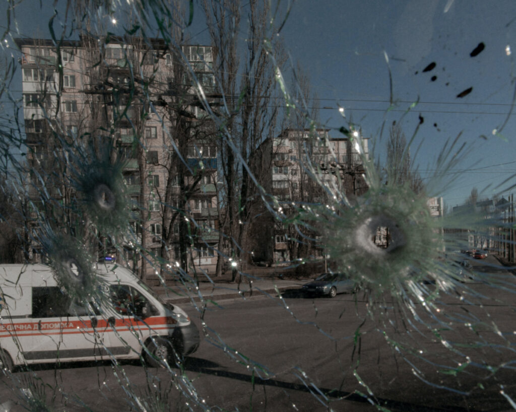 Ukraine Kyiv bullet ridden window