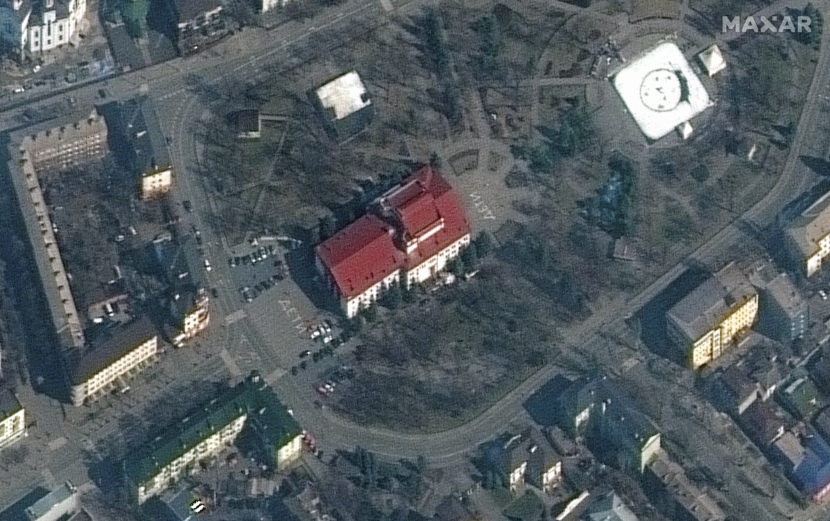 Ukraine Mariupol aerial shot of theatre
