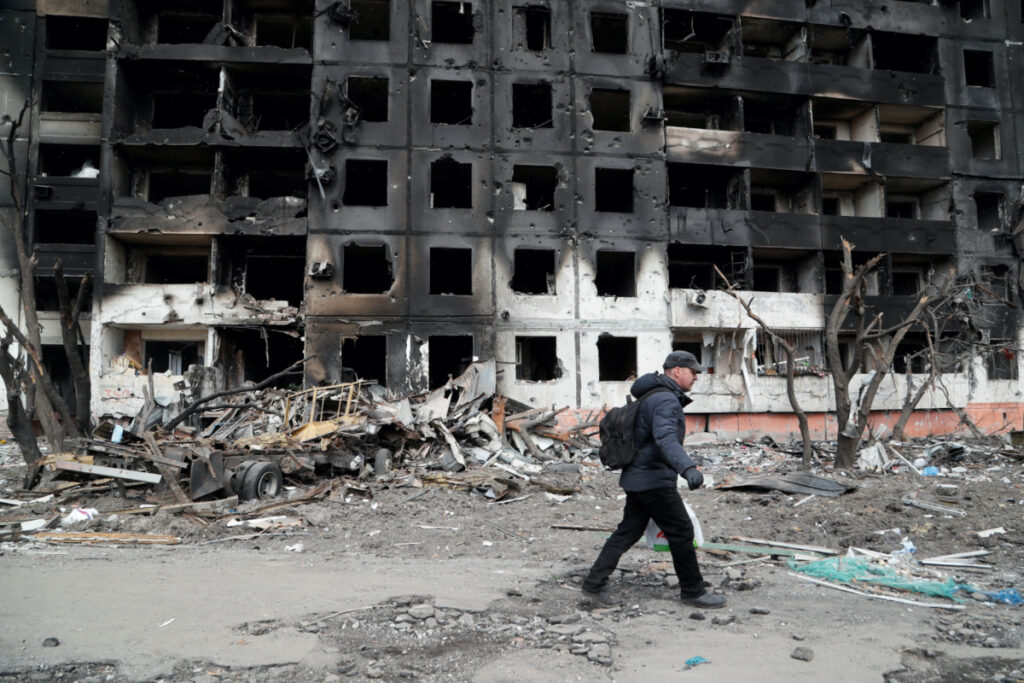 Ukraine Mariupol residential building gutted by fire