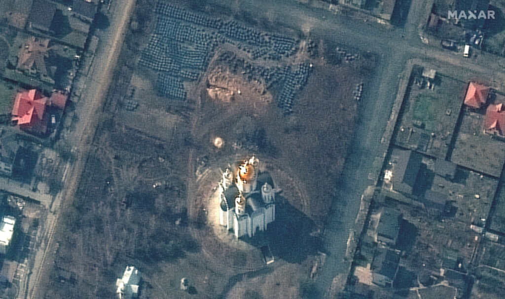 Ukraine Bucha satellite image of mass grave