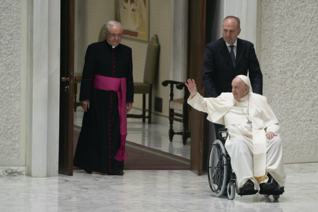 Vatican Pope Francis in a wheelchair 14 May 22