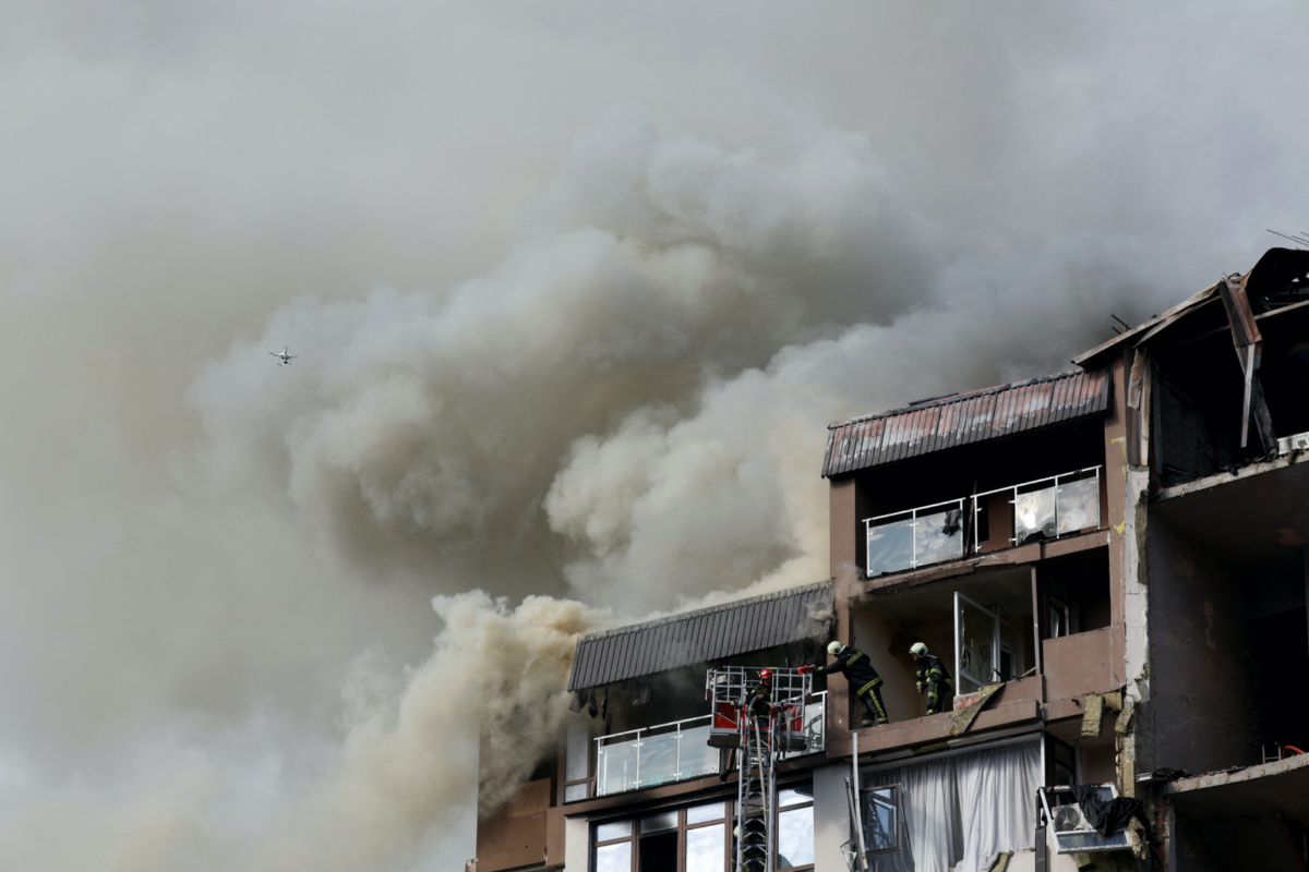 Ukraine Kyiv firefighters at missile strike