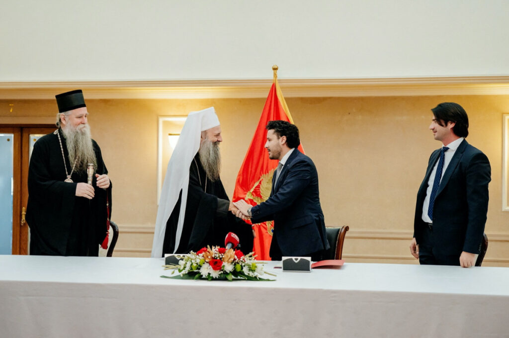 Montenegros Prime Minister Dritan Abazovic and the Serbian Orthodox Church Patriarch Porfirije