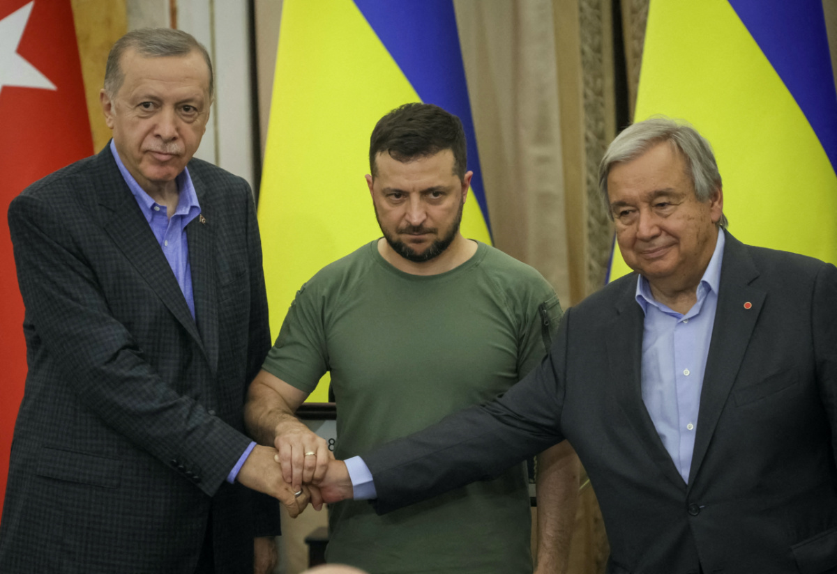 Ukraine Lviv Tayyip Erdogan Volodymyr Zelenskiy and Antonio Guterres 