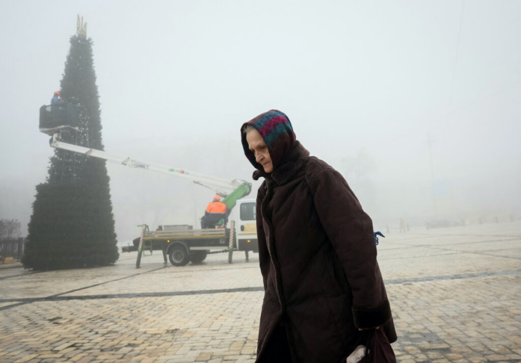 Ukraine Kyiv Christmas tree in fog