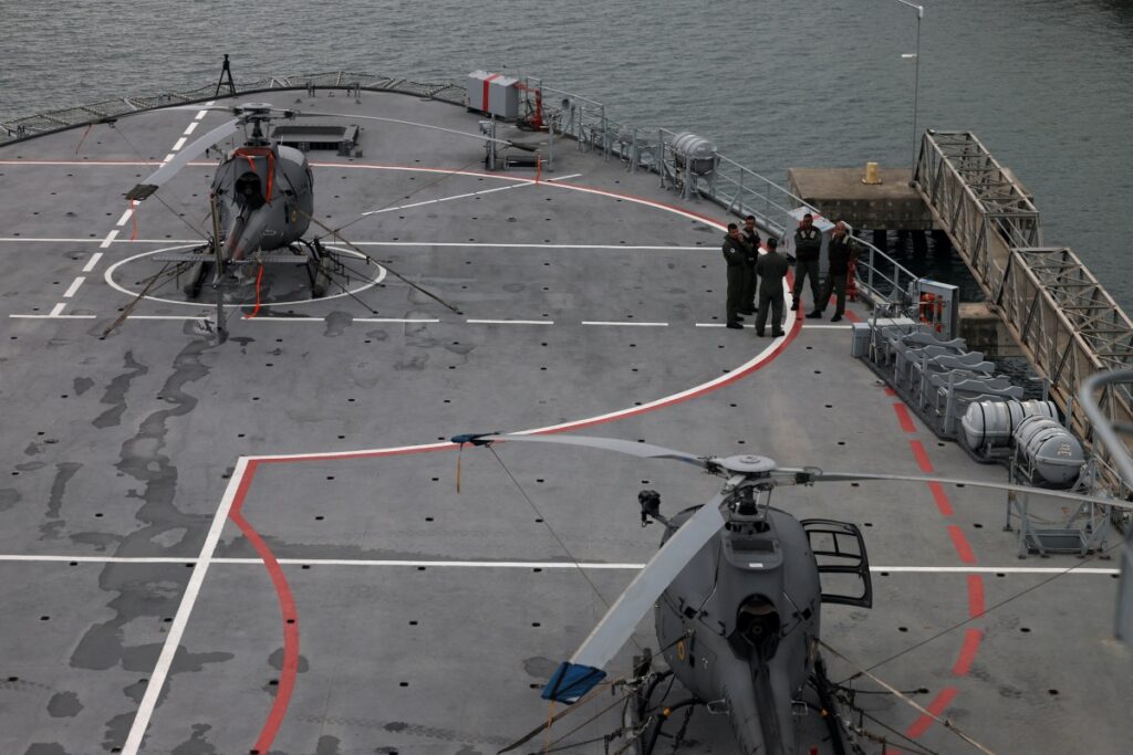 Helicopters of the Brazilian Navy are seen on board the ship Navio Atlantico during relief operations for victims of landslides in Sao Sebastiao, Brazil February 23, 2023.