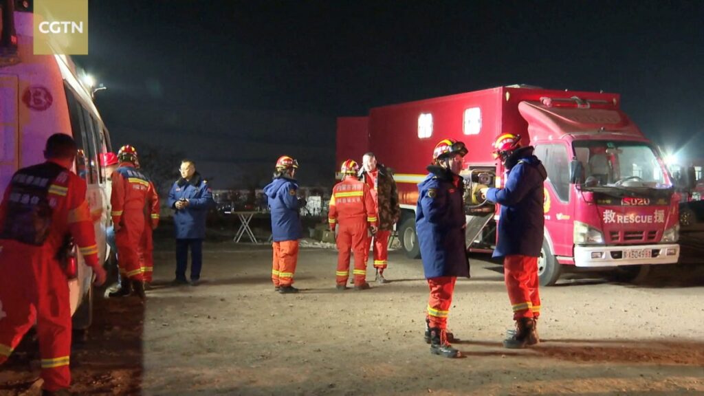 Rescue workers are seen at the site of a collapsed coal mine in Alxa League, Inner Mongolia Autonomous Region, China, in this screengrab taken from a video shot February 23, 2023. CGTN/Handout via REUTERS