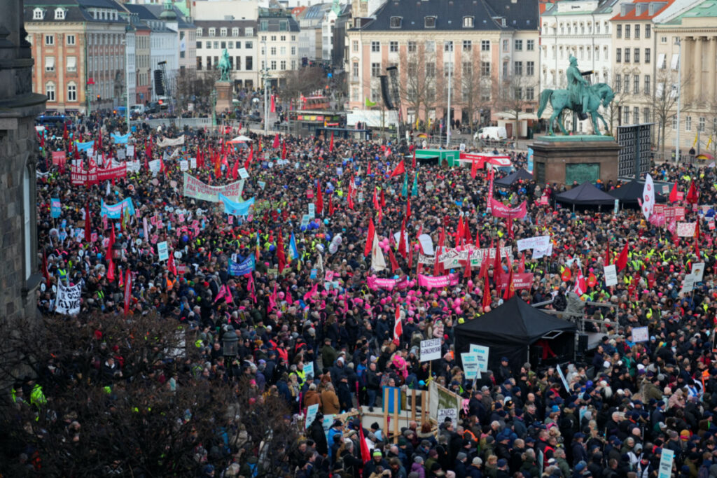 Demonstrators take part in a protest against the government's proposal to abolish a public holiday to help finance the defence budget, in front of the Danish Parliament in Copenhagen, Denmark, February 5, 2023. The Ritzau Scanpix/Emil Helms via REUTERS.
