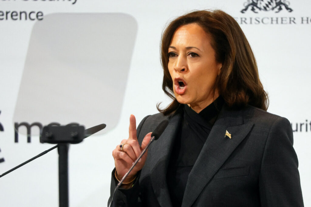 U.S. Vice President Kamala Harris speaks, during the Munich Security Conference (MSC) in Munich, Germany February 18, 2023. REUTERS/Wolfgang Rattay