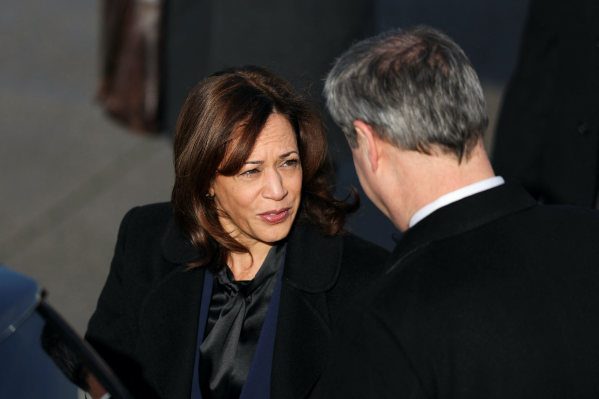U.S. Vice President Kamala Harris is welcomed at Munich's airport by Bavarian state premier Markus Soeder before heading to the venue of this year's Security Conference in Munich, Germany, February 16, 2023. 