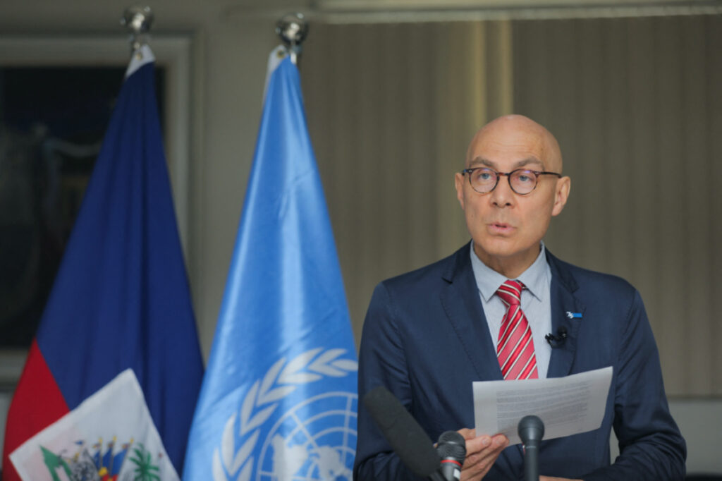 United Nations High Commissioner for Human Rights Volker Turk delivers a statement in Port-au-Prince, Haiti February 10, 2023.