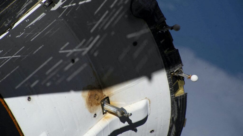 A view shows external damage believed to have caused a loss of pressure in the cooling system of the Soyuz MS-22 spacecraft docked to the International Space Station, in this image released February 13, 2023.
