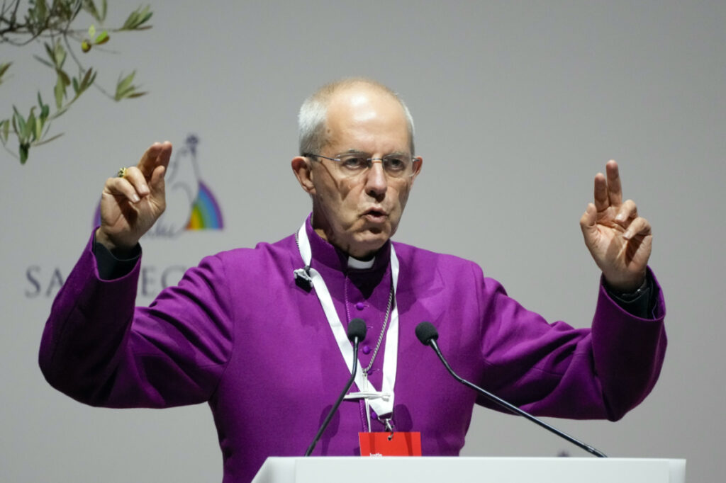 Archbishop of Canterbury Justin Welby delivers his speech at a interreligious meeting, in Rome on Oct 6, 2021.