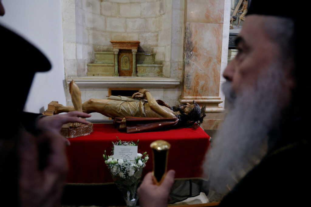 The Greek Orthodox Patriarch of Jerusalem, Theophilus visits the Church of the Flagellation to see a statue of Jesus which was, according to church authorities, vandalized by a Jewish radical who was later detained, in Jerusalem, February 4, 2023.