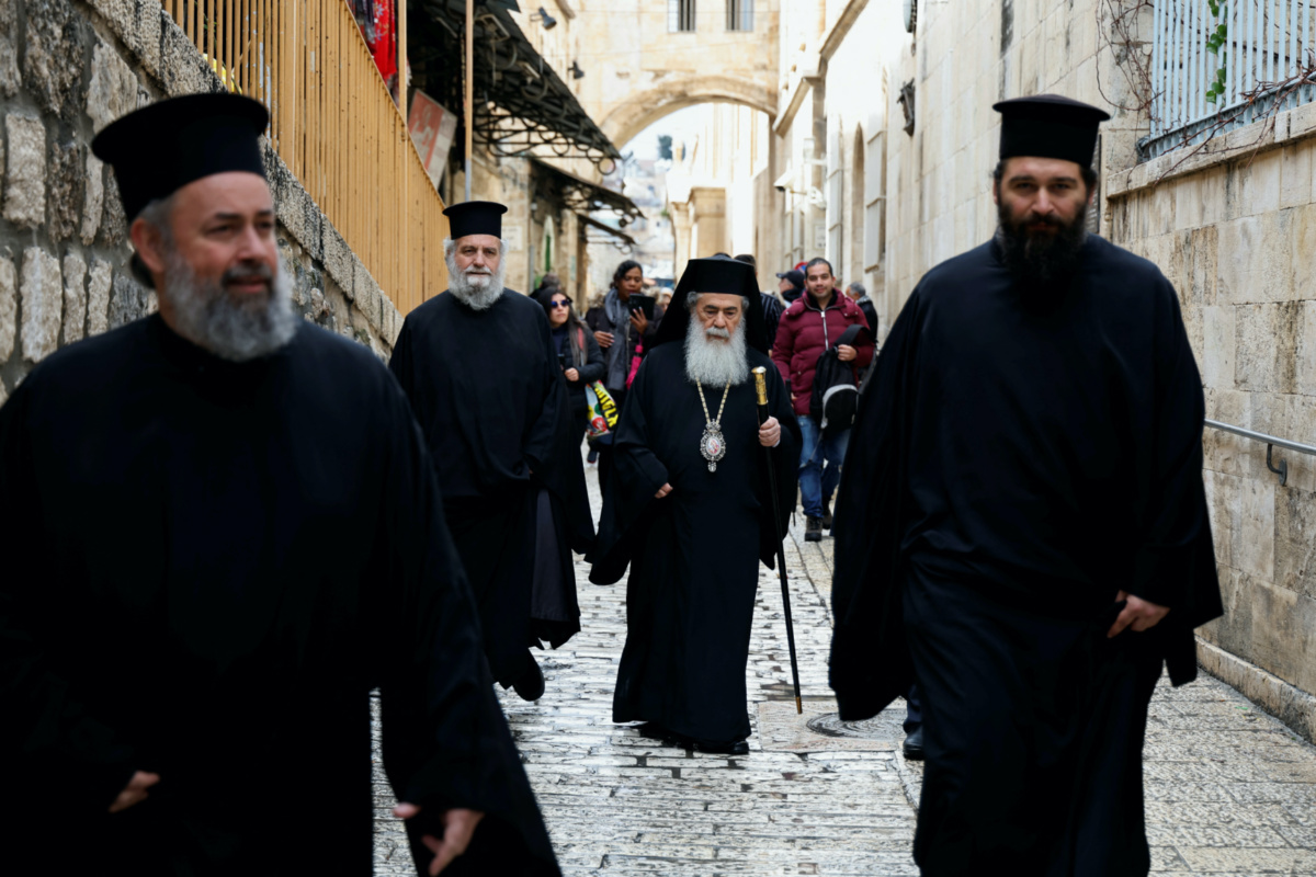The Greek Orthodox Patriarch of Jerusalem, Theophilus arrives at the Church of the Flagellation to see a statue of Jesus which was, according to church authorities, vandalized by a Jewish radical who was later detained, in Jerusalem, February 4, 2023. 