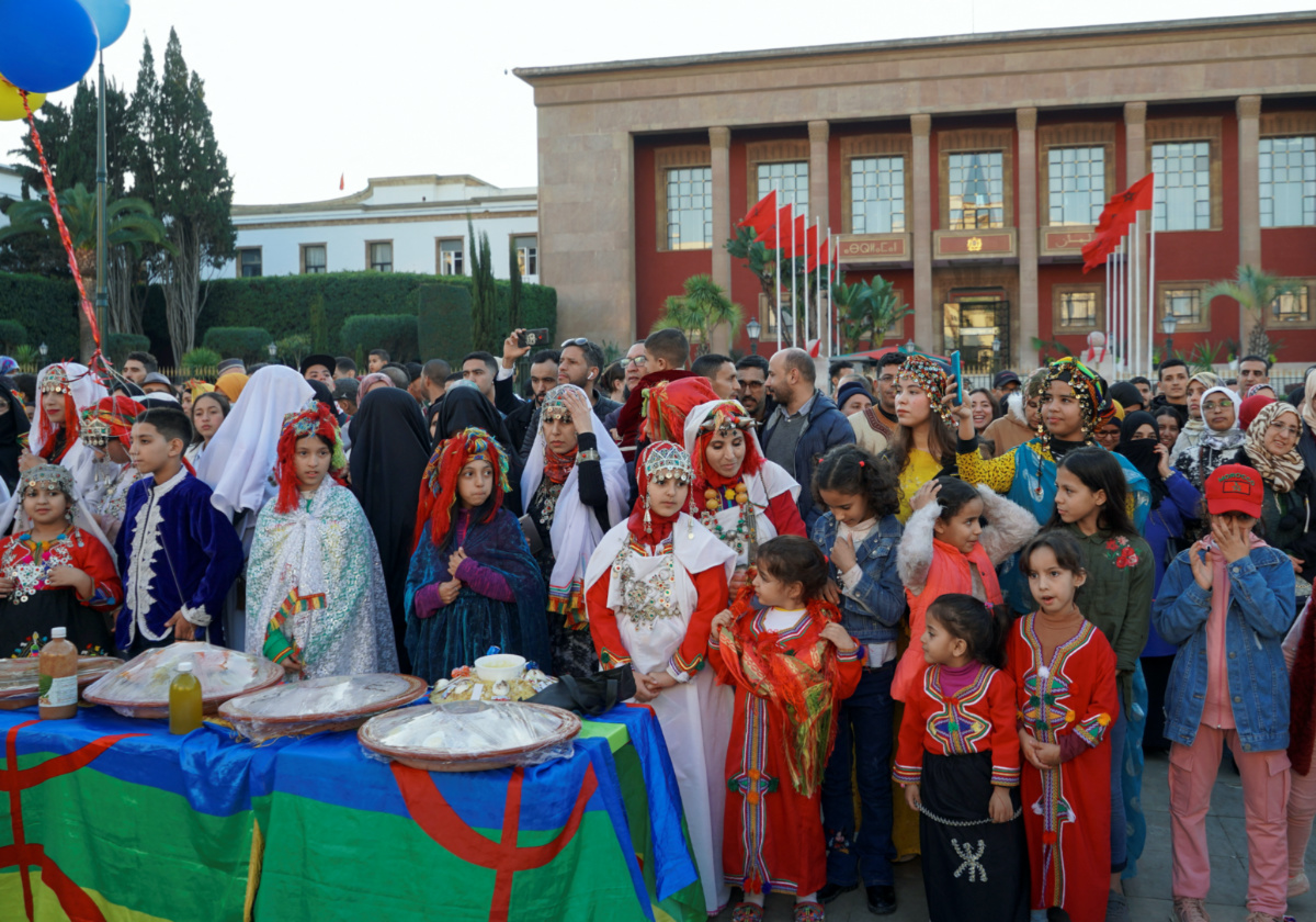 Amazigh people celebrate their new year outside the parliament with calls on the government to recognize the day as an official holiday and put more effort into supporting their language in Rabat, Morocco January 13, 2023. REUTERS/Abdelhak Balhaki