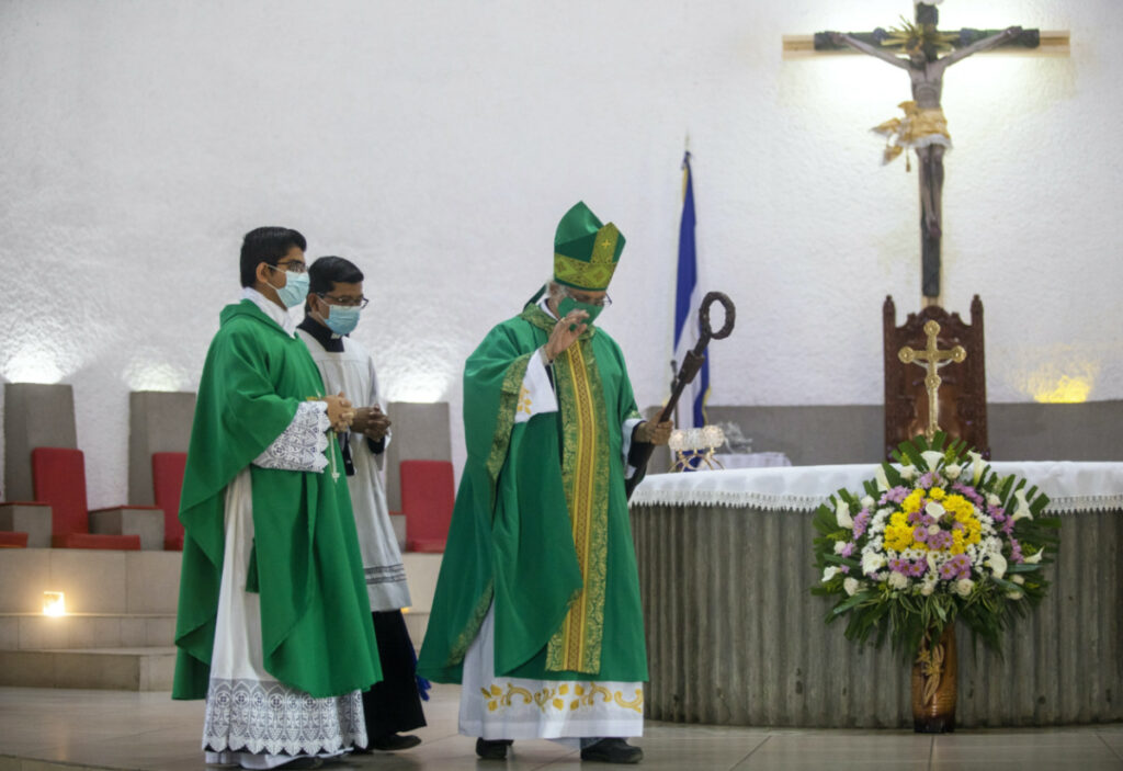 Roman Catholic Cardinal Leopoldo Brenes presides over Sunday's mass at the Metropolitan Cathedral in Managua, Nicaragua, Sunday, Feb. 12, 2023.