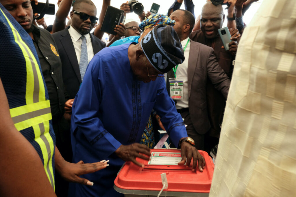 Presidential candidate Bola Ahmed Tinubu casts his ballot at a polling station, in Ikeja, Lagos, Nigeria February 25, 2023