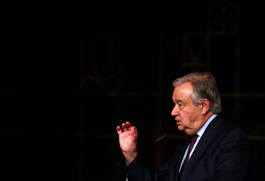 Secretary-General of the United Nations, Antonio Guterres speaks as he receives the University of Lisbon 2020 prize, in Lisbon, Portugal, January 5, 2023.