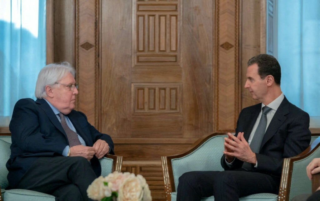 Syria's President Bashar al-Assad meets with United Nations Under-Secretary-General for Humanitarian Affairs and Emergency Relief Coordinator Martin Griffiths in Damascus, Syria February 13, 2023.