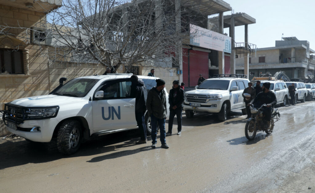 A convoy of the United Nations (UN) delegation is seen in the rebel-held town of Jandaris, in the aftermath of a deadly earthquake, in Syria February 18, 2023.