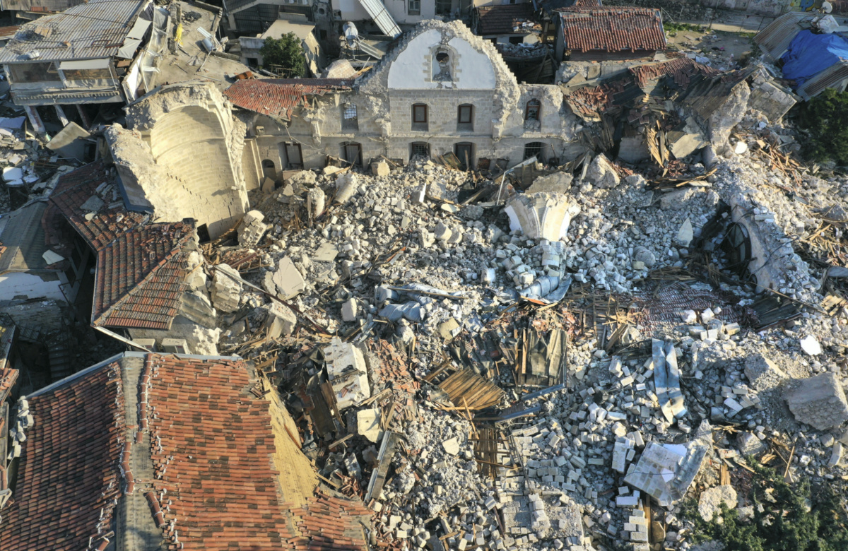 View of the Antioch Greek Orthodox Church which destroyed during the devastated earthquake, in the old city of Antakya, southern Turkey, Monday, Feb. 13, 2023.