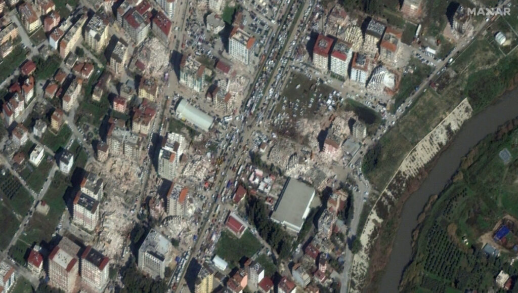 FILE PHOTO: A satellite image shows collapsed buildings and traffic after an earthquake in Antakya, Turkey, February 9, 2023.
