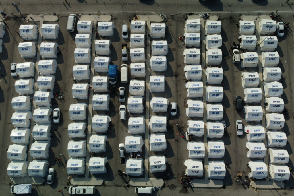 Tents stand at an internal displacement camp at the Yeni Hatay Stadyumu in the aftermath of a deadly earthquake in Hatay, Turkey, February 10, 2023.