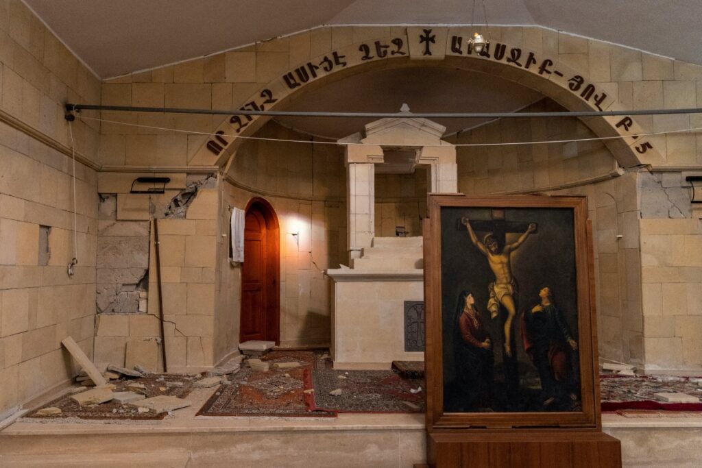 A view of the damaged altar at the church in Vakifli, the last Armenian village in Turkey, in the aftermath of the deadly earthquake, in Samandag, Turkey, February 24, 2023.