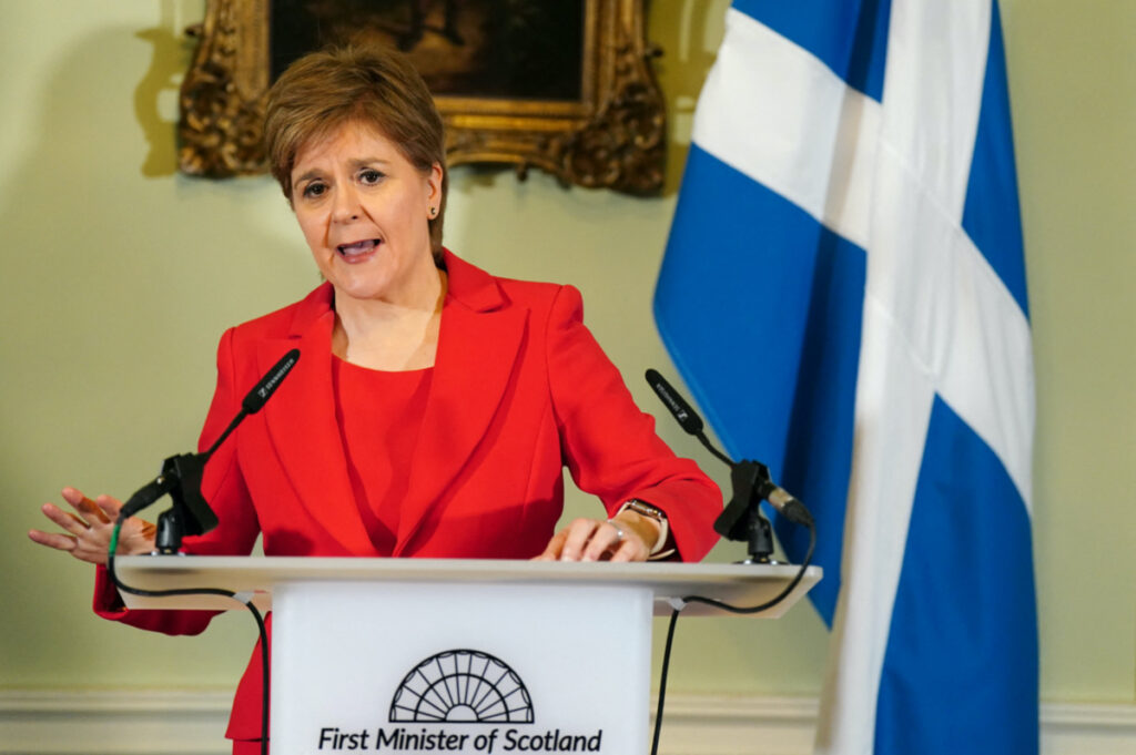 First Minister of Scotland Nicola Sturgeon speaks at a news conference at Bute House where she announced she will stand down as first minister, in Edinburgh, Scotland, Britain February 15, 2023. Jane Barlow/Pool via REUTERS