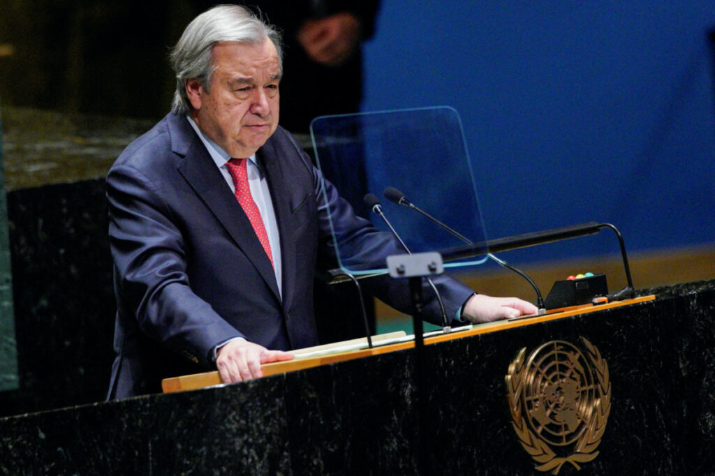 United Nations Secretary General Antonio Guterres speaks during a high-level meeting of the United Nations General Assembly to mark one year since Russia invaded Ukraine and to consider the adoption of a resolution on Ukraine at U.N. headquarters in New York City, New York, U.S., February 22, 2023.