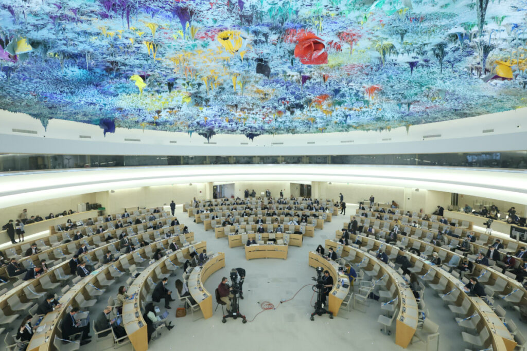 FILE PHOTO: An overview of the special session on the situation in Ukraine of the Human Rights Council at the United Nations in Geneva, Switzerland, March 4, 2022. REUTERS/Denis Balibouse